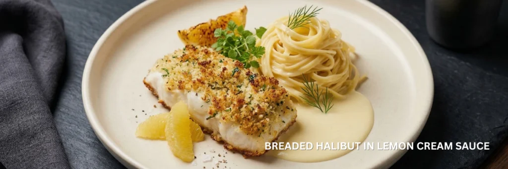 Easy Breaded Halibut Pasta in Lemon Cream Sauce.