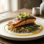 Faroe Island Salmon with Brown Butter Citrus Glaze: A Gourmet Recipe with Herbed Quinoa & Roasted Asparagus
