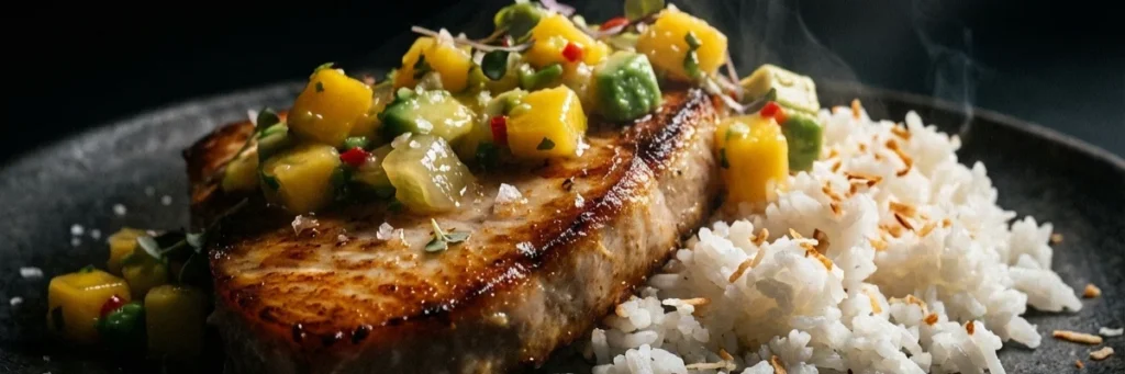Pan-Seared Opah Loin with Mango Avocado Salsa and Coconut Jasmine Rice