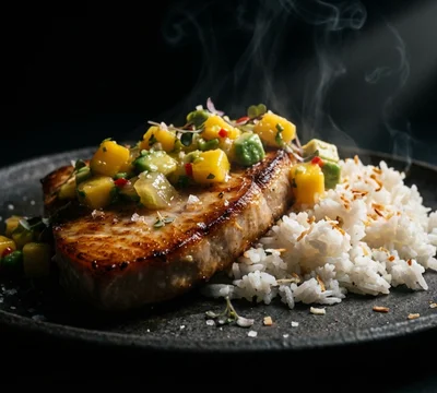Pan-Seared Opah Loin with Mango Avocado Salsa & Coconut Jasmine Rice: A Tropical Seafood Dinner Recipe